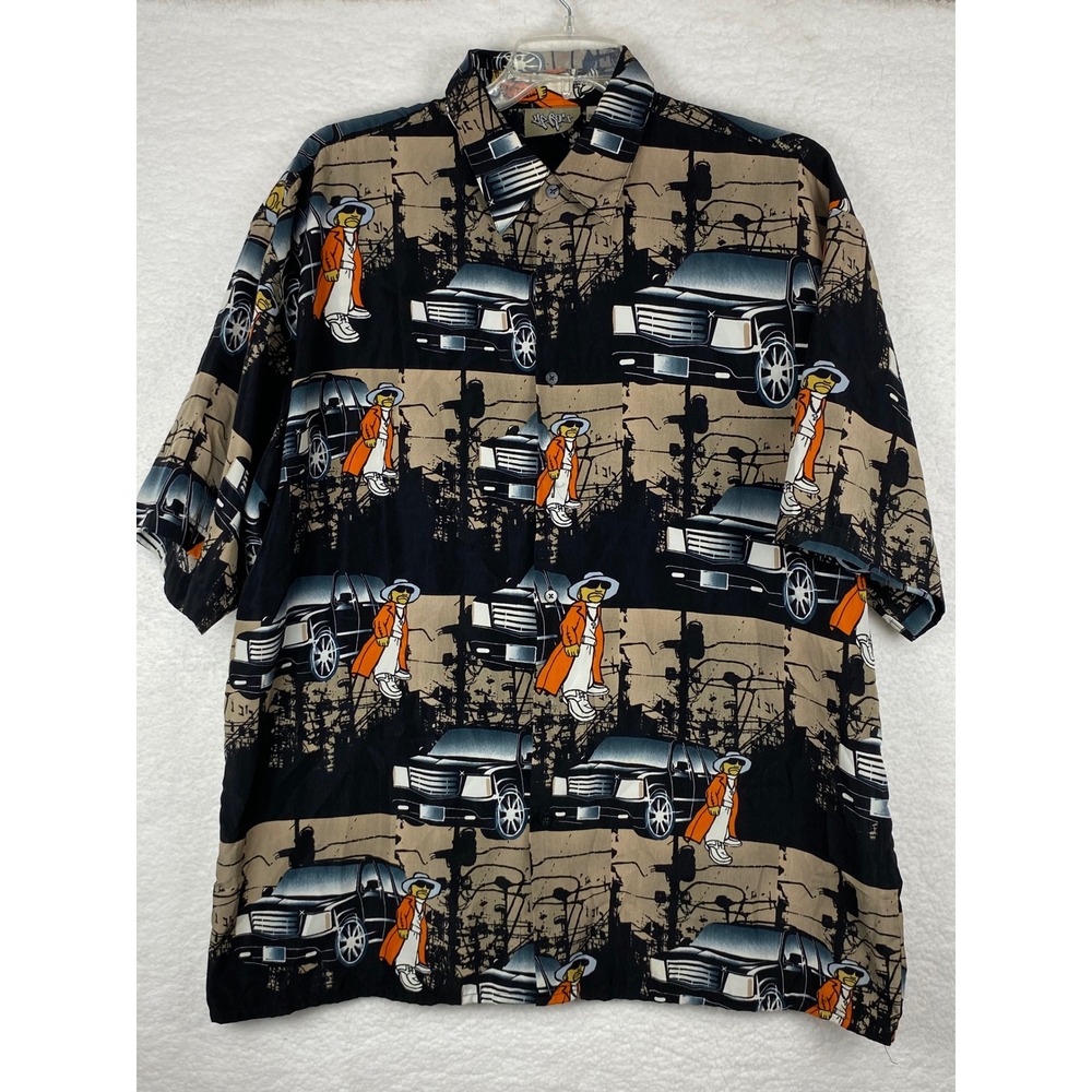 Up Root Mens XL Short Sleeve Button Down Shirt SUV Graphic Streetwear Black Tan